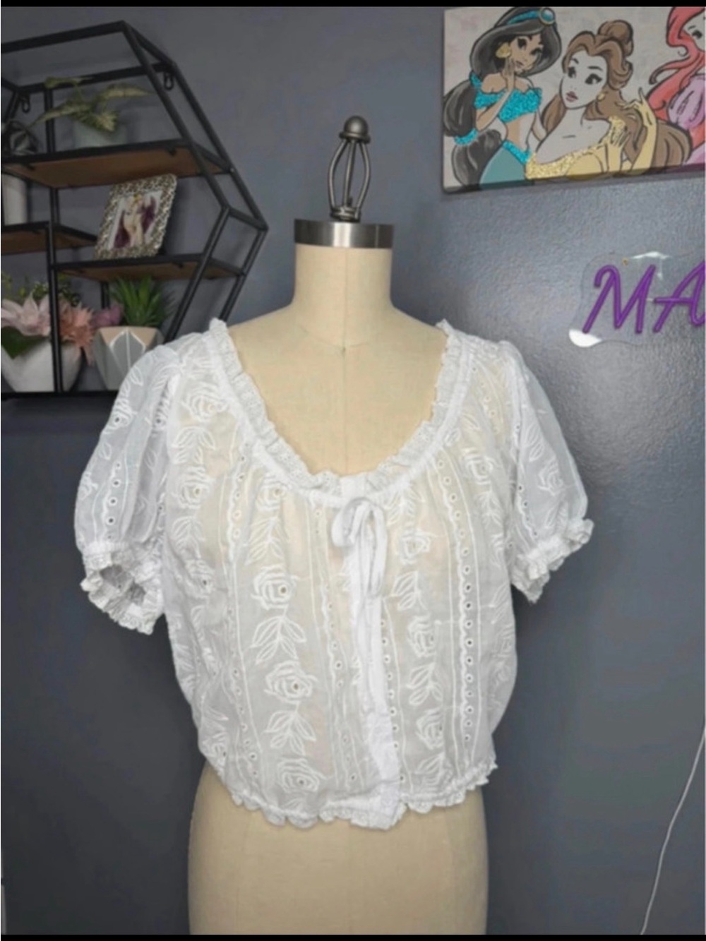 White Embroidered Tie-Front Peasant Blouse - Women